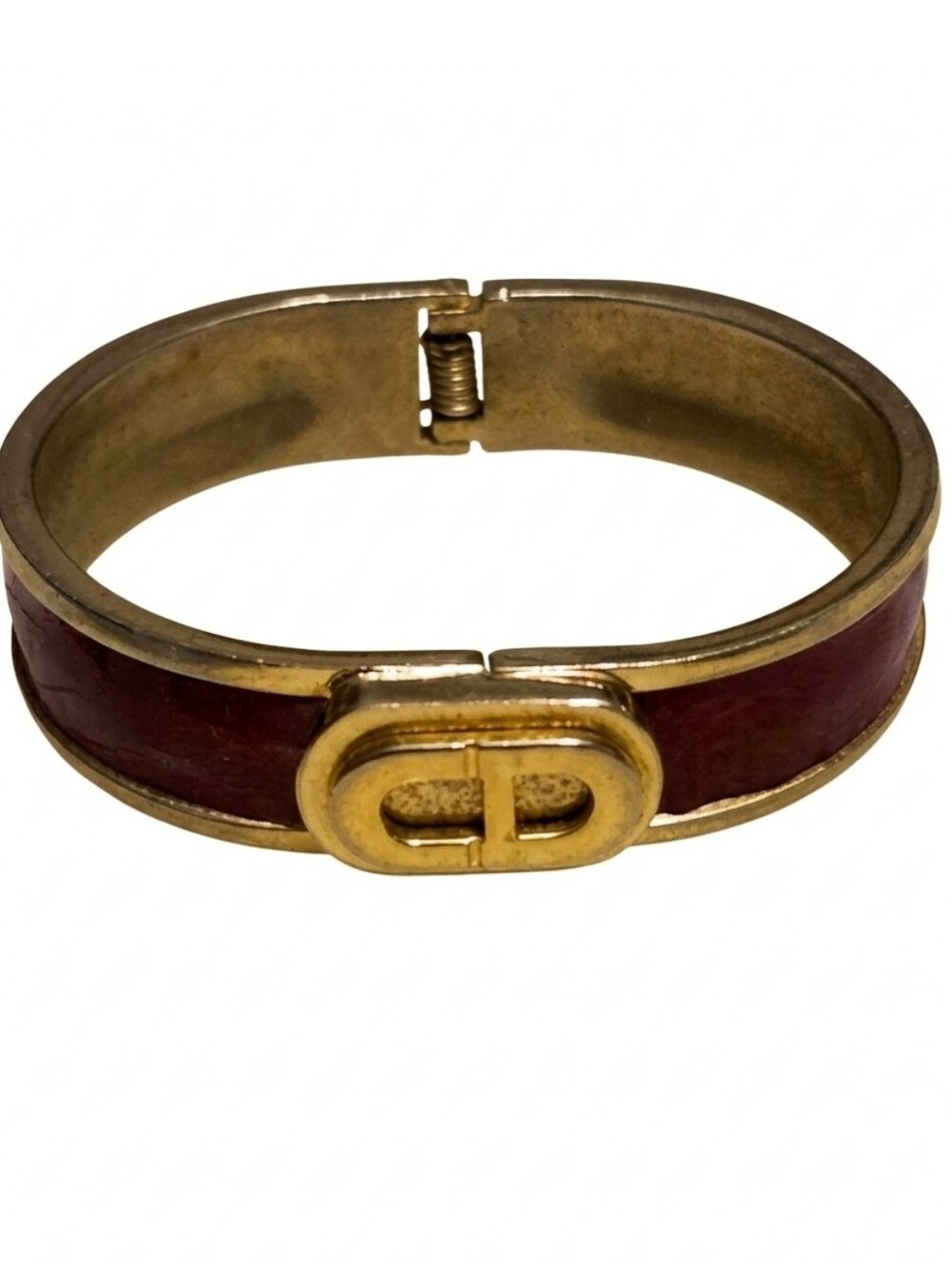 Vtg Christian Dior Gold-Tone Burgundy Inlay Hinged Bangle Bracelet